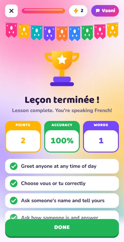 French lesson complete with points and progress