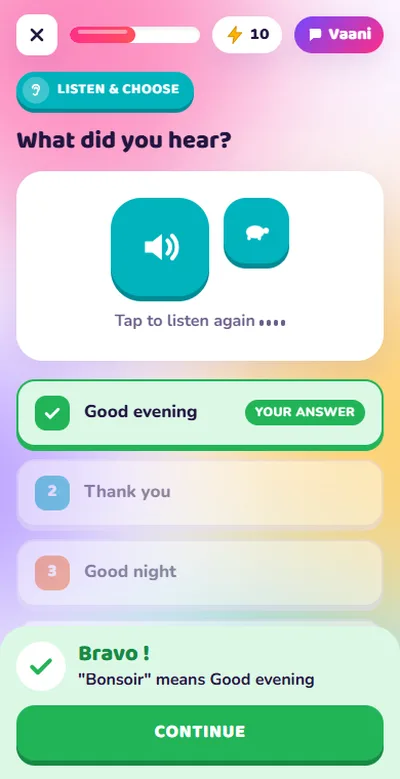 French listening practice with instant feedback