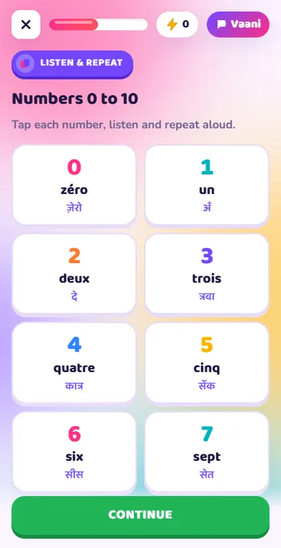 Learn French numbers with tap-to-hear audio