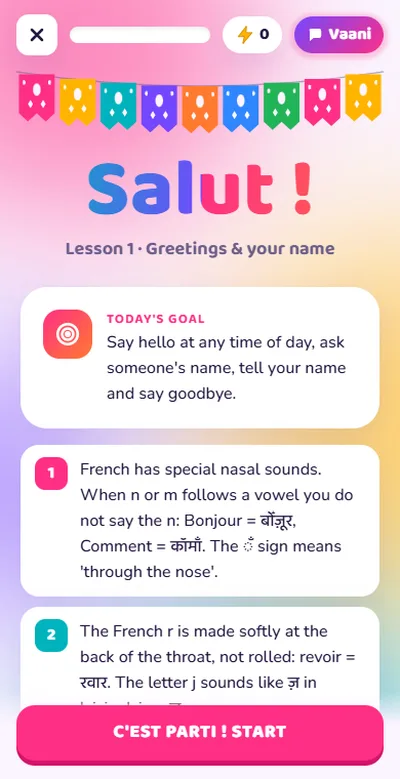 French course lesson start screen – learn French online
