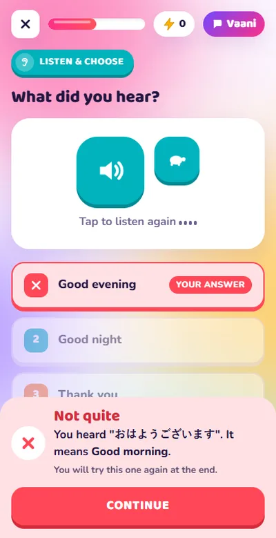 Japanese listening practice with instant feedback