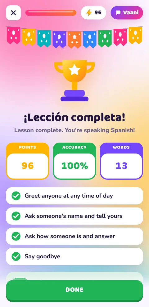 Spanish lesson complete with points and progress