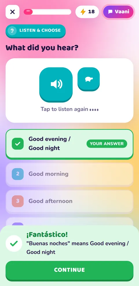 Spanish listening practice with instant feedback