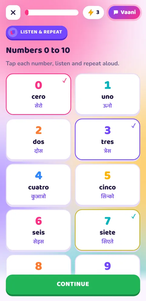 Learn Spanish numbers with tap-to-hear audio