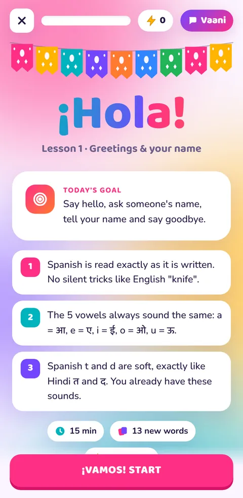 Spanish course lesson start screen – learn Spanish online