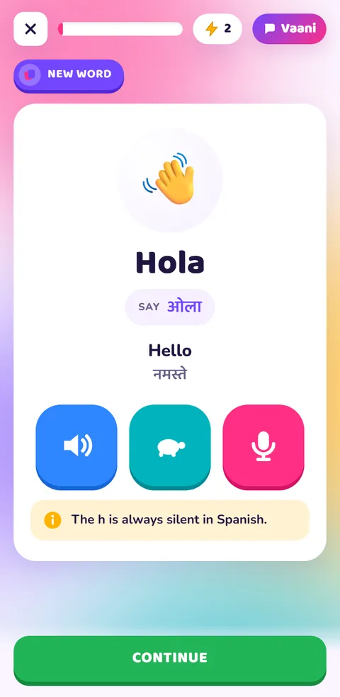 Spanish word card with native audio and Hindi pronunciation guide