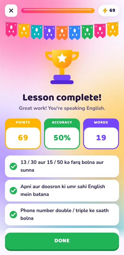 Spoken English lesson complete with points and progress