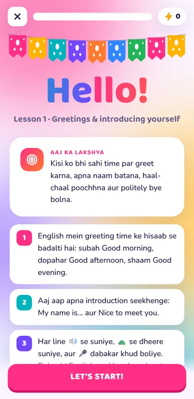 Spoken English course lesson start screen with goal in Hinglish